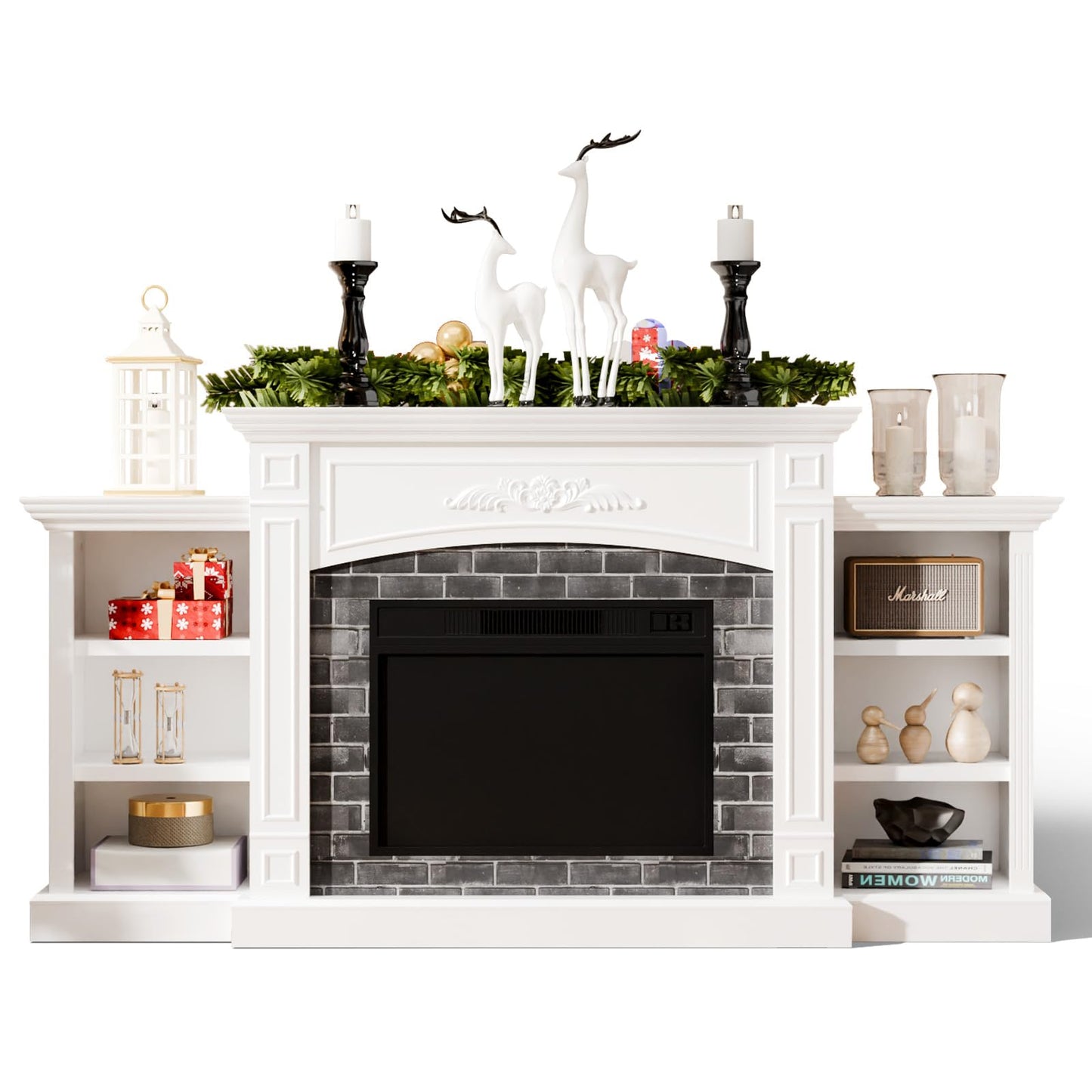 Bonnlo 80'' Fireplace TV Stand for 90'' TVs, Farmhouse Modern Electric Fireplace with Mantel, Media Entertainment Center Console Table with Ample Storage & Adjustable Shelves, White