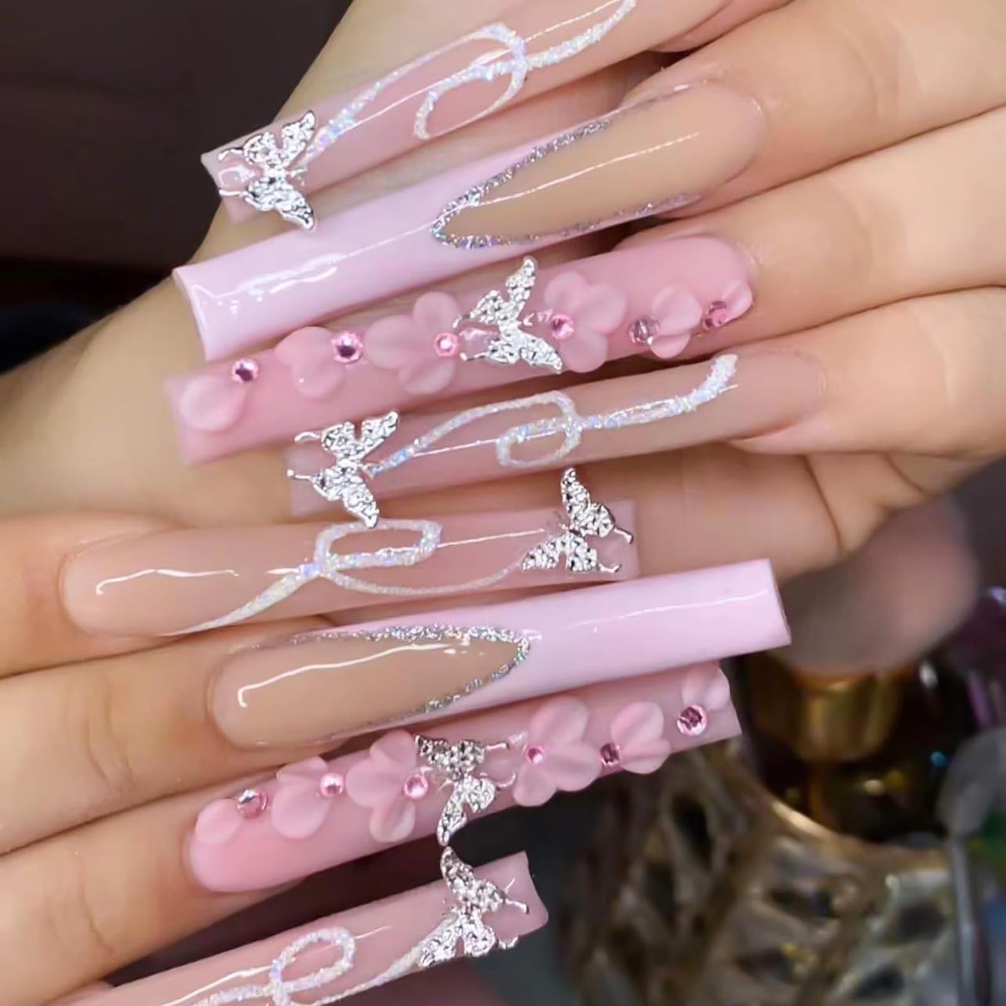 RUOKEXIN Pink French Tip Press on Nails Long Coffin Fake Nails Acrylic False Nails with 3D Silver Butterfly Designs Glitter Nail Press ons Glossy Artificial Nails Summer Stick on Nails for Women 24Pcs