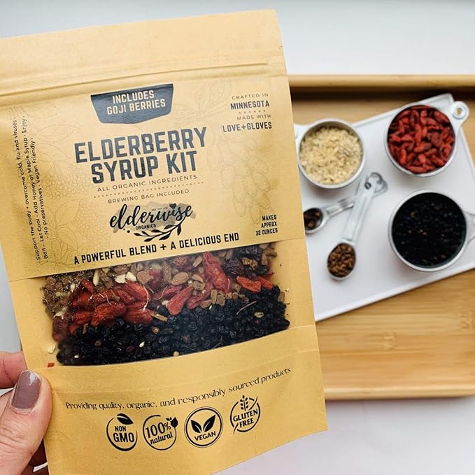 Elderwise Organics Elderberry Syrup Kit (Goji Blend) Ningxia Berry - Brew Bag Included - Organic Elderberries - Rosehips - Ginger - Wolfberry - Cinnamon - Cloves