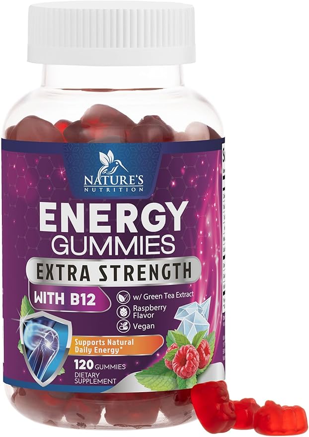 Energy Gummies Vitamin B12 1000 mcg, Green Tea Natural Caffeine Support, Extra Strength Daily Energy Vitamins, Delicious Berry Flavor Gluten Free Chewable Supplement for Cycling & Running - 120 Chews