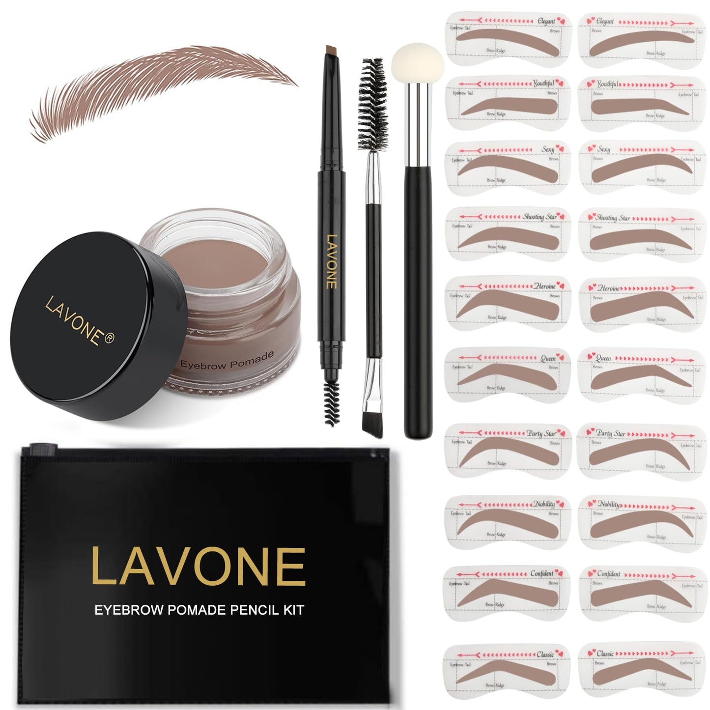 LAVONE Eyebrow Stamp Stencil Kit - Brow Stamp Trio with Waterproof Pencil, Pomade, 20 Stencils, Dual-ended Brush and Sponge Applicator - Ash Blonde