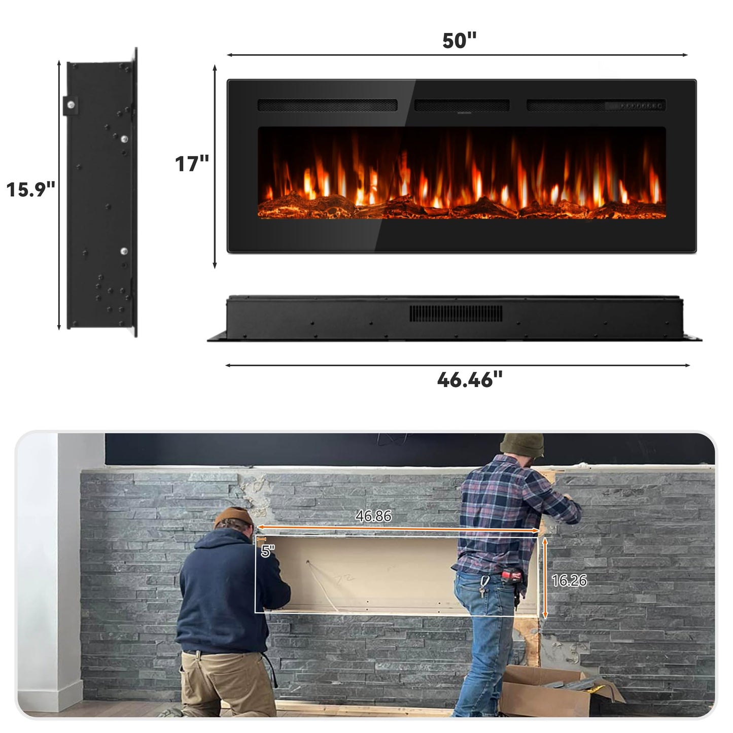 Manastin 50" Ultra-Thin Electric Fireplace Recessed and Wall Mounted with Remote Control, 12 Adjustable Color Fireplace Heater(60-99ยฐF Thermostat), Low Noise, Timer, Child Lock