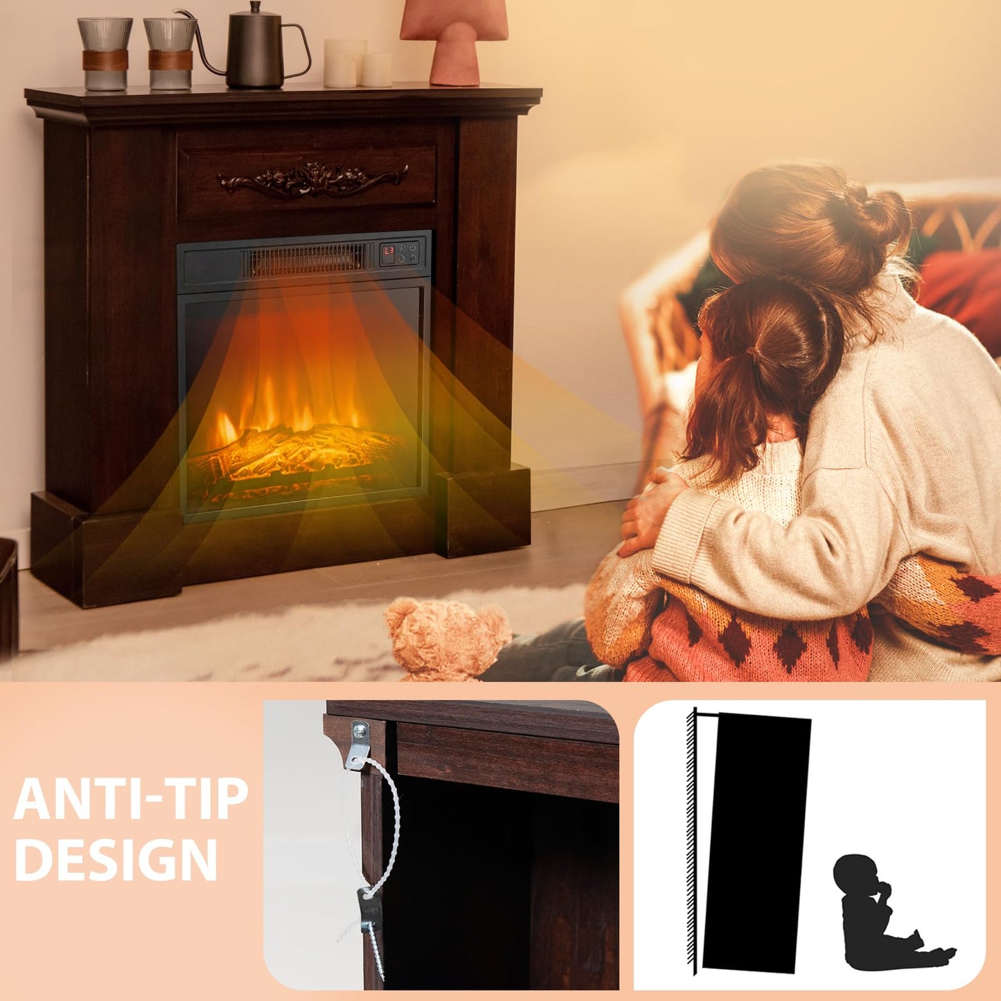 COSTWAY 32-inch Electric Fireplace with Mantel, 1400W Freestanding Fireplace Heater with Remote Control, Thermostat, 6H Timer, Adjustable 3D Flame Effect, Fireplace Mantel for Living Room, Brown