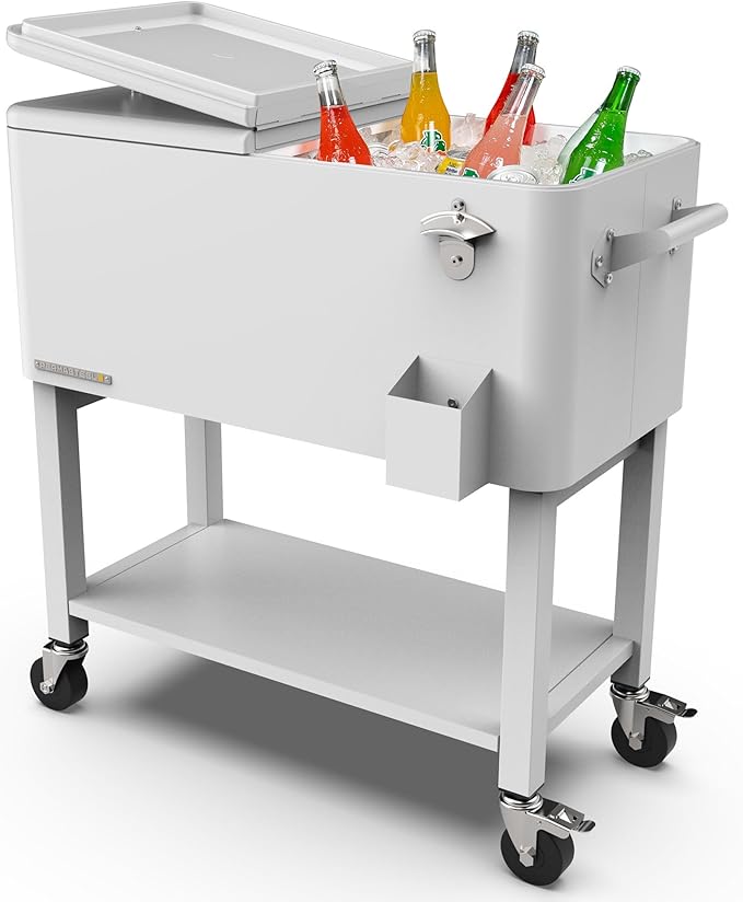 Permasteel 80-Qt Outdoor Patio Cooler with Removable Basin, Outside Beverage Cooler Cart, Rolling Cooler with Wheels and Handles, White