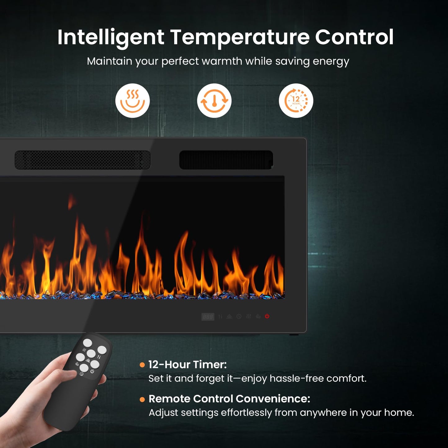 50 Inch Electric Fireplace Recessed and Wall Mounted with Adjustable Flame & Ember Color, Remote Control with Timer, Touch Screen, 750/1500W
