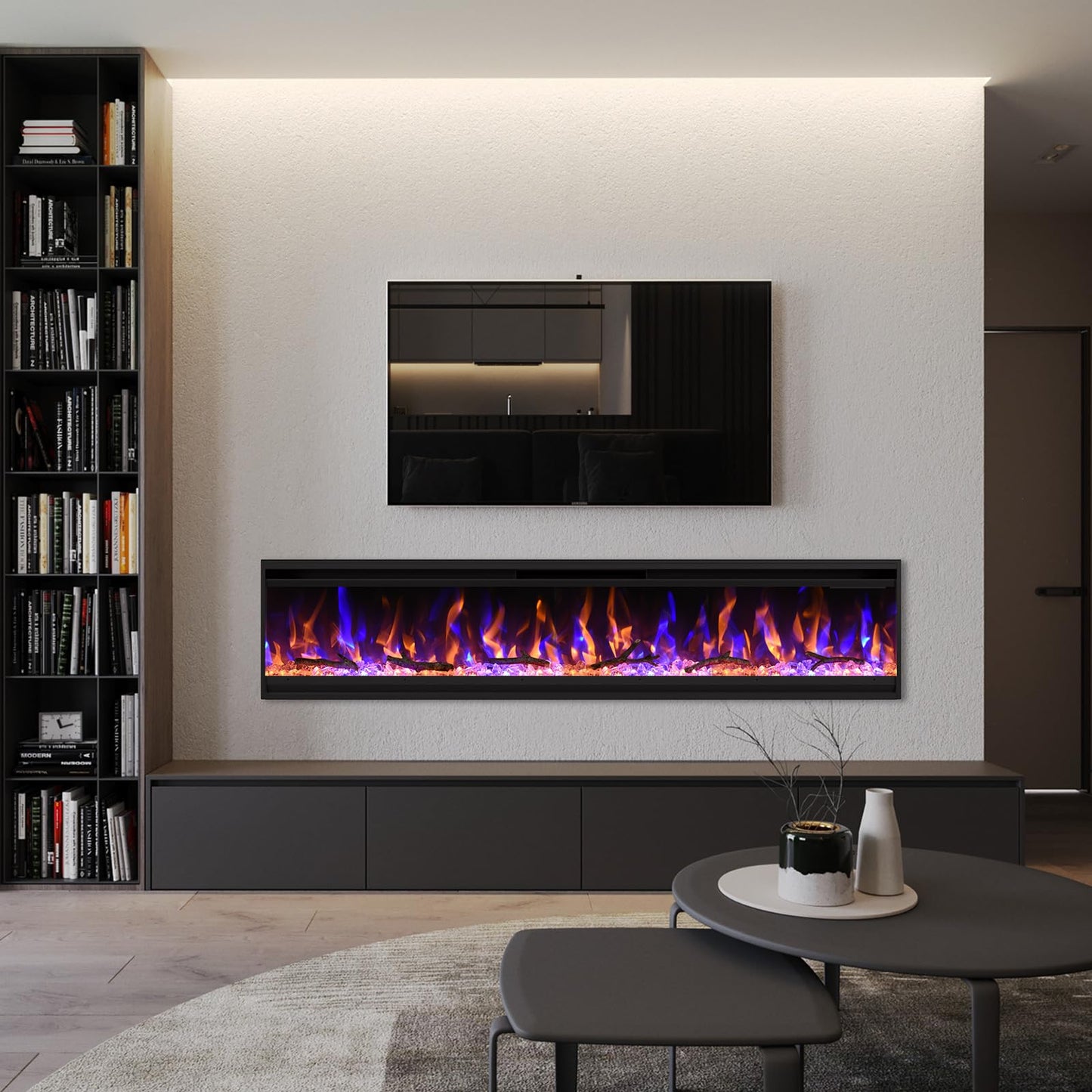 Feelcoo 50 inch Electric Fireplace, 4.3" Ultra-Thin Electric Fireplace Inserts, Ultra-Narrow Frame, Wall Mounted and Recessed Fireplace, Log & Crystal, Touch Screen & Remote Control, 1500W