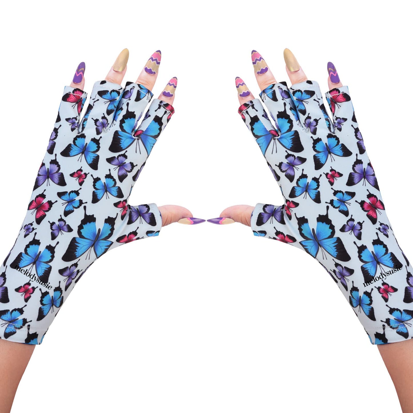 MelodySusie UV Gloves for Nails, UV Lamp Gloves for Manicures Protection, Colorful Butterfly Gel Manicure Gloves, Nail Art Skin Care Fingerless UV Shield Gloves
