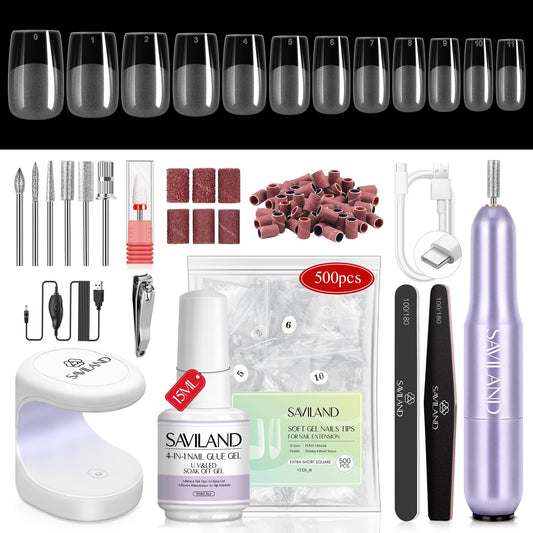 SAVILAND Gel Nail Kit Extra Short Square - Nail Drill Kit 500 PCS Natural False Nail Tips For Acrylic Nails U V Nail Lamp Manicure Tools for Nail Extension Nail Art For Women Home DIY Nail Salon