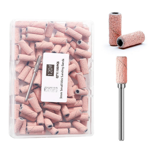 ERUIKA 100pcs Nail Drill Bits Small Sanding Bands with Upgrade 3.1mm Mandrel Bit, 120 Medium Grit Nail File Sanding Bands for Acrylic Nails Gel Removing Shaping Manicures and Pedicure(Pink, 120 Grit)