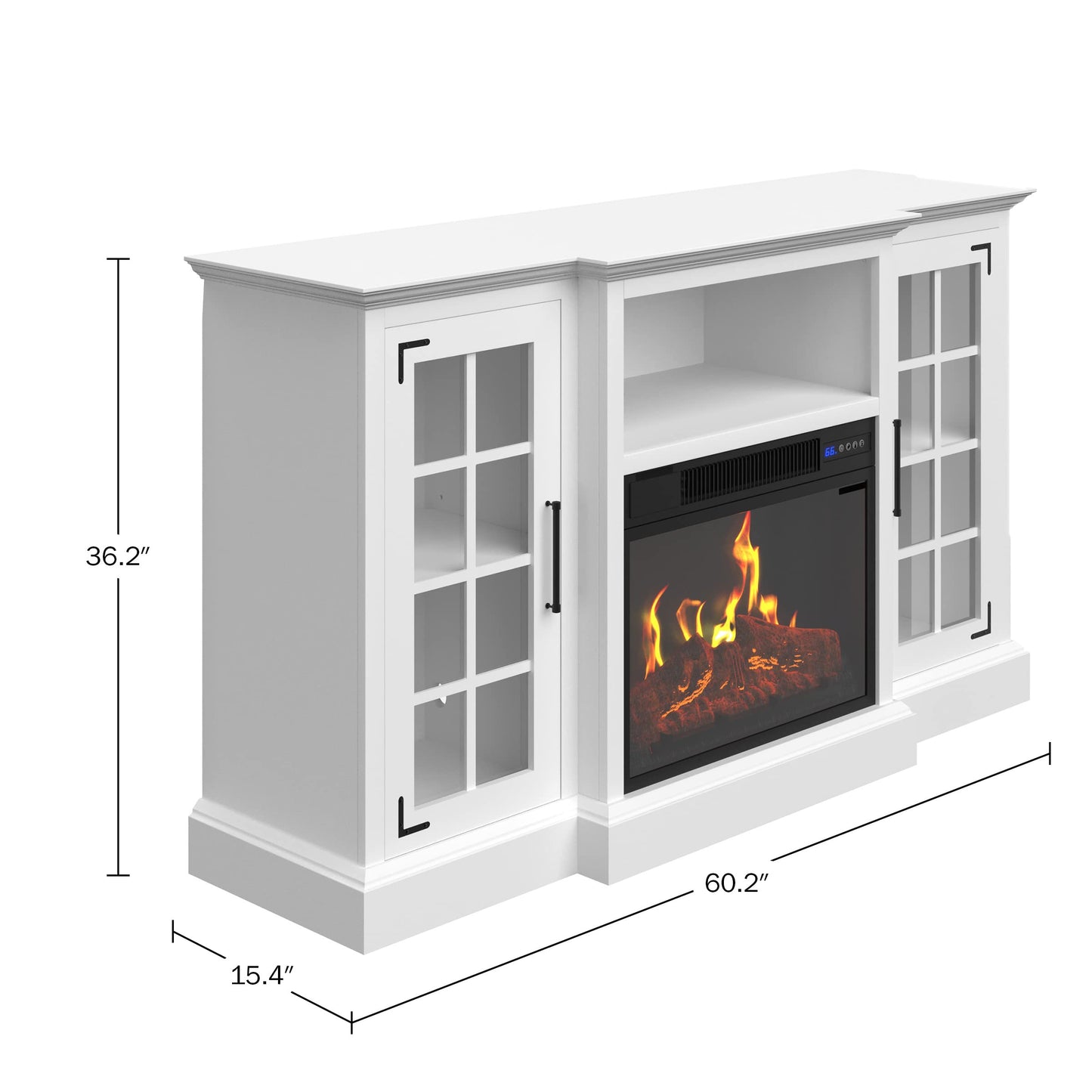 TV Stand with Electric Fireplace Fits TVs up to 65-Inches - Media Console with Storage Cabinet, Adjustable Heat, and LED Flames by Northwest (White)