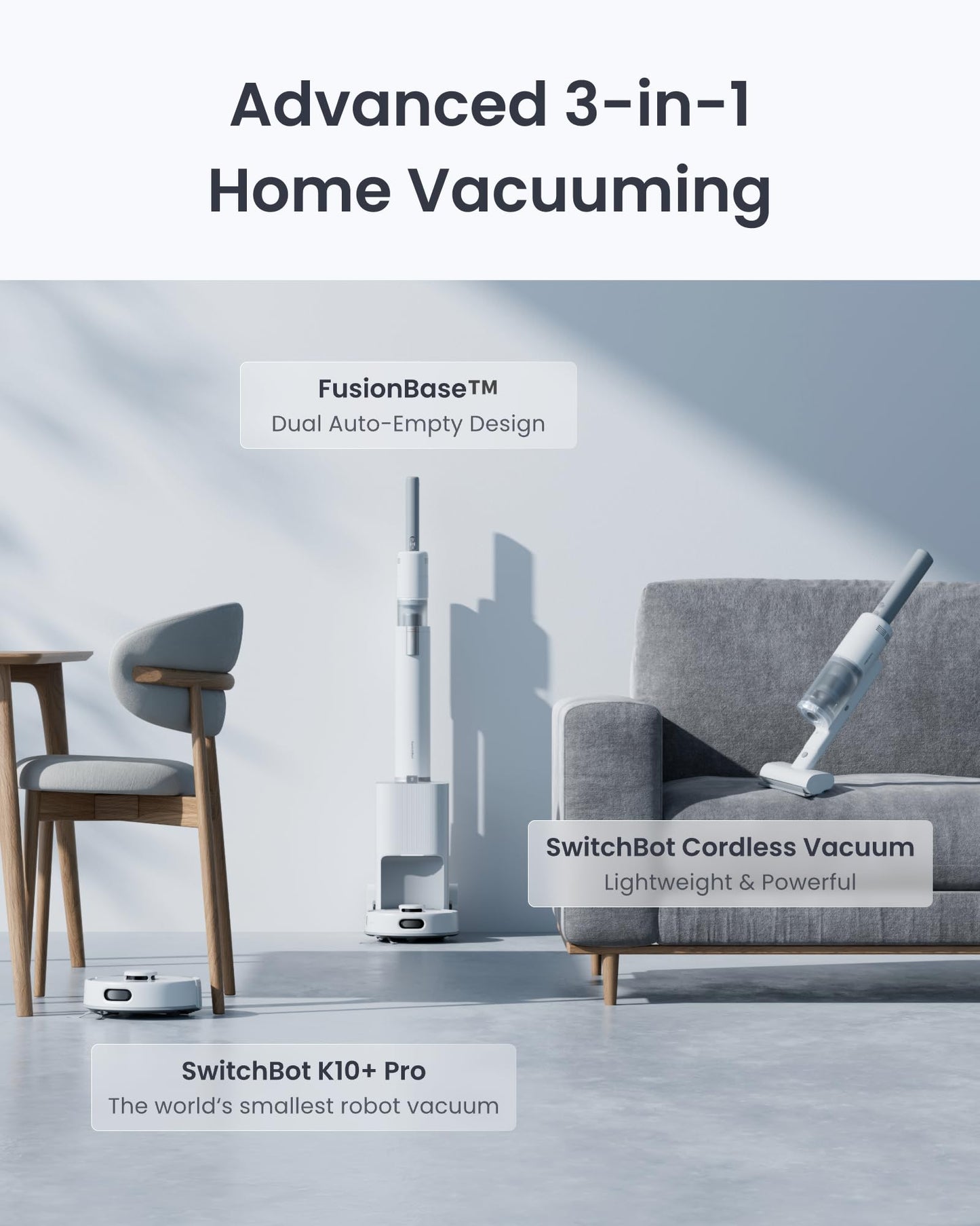 SwitchBot Robot Vacuum and Cordless Vacuum Cleaner K10+ Pro Combo, TwinFlow™ Suction Tech, Dual Dust Collection Station, Compact, Lightweight, Quiet, Compatible with Alexa/Siri/Matter(Hub 2 Required)