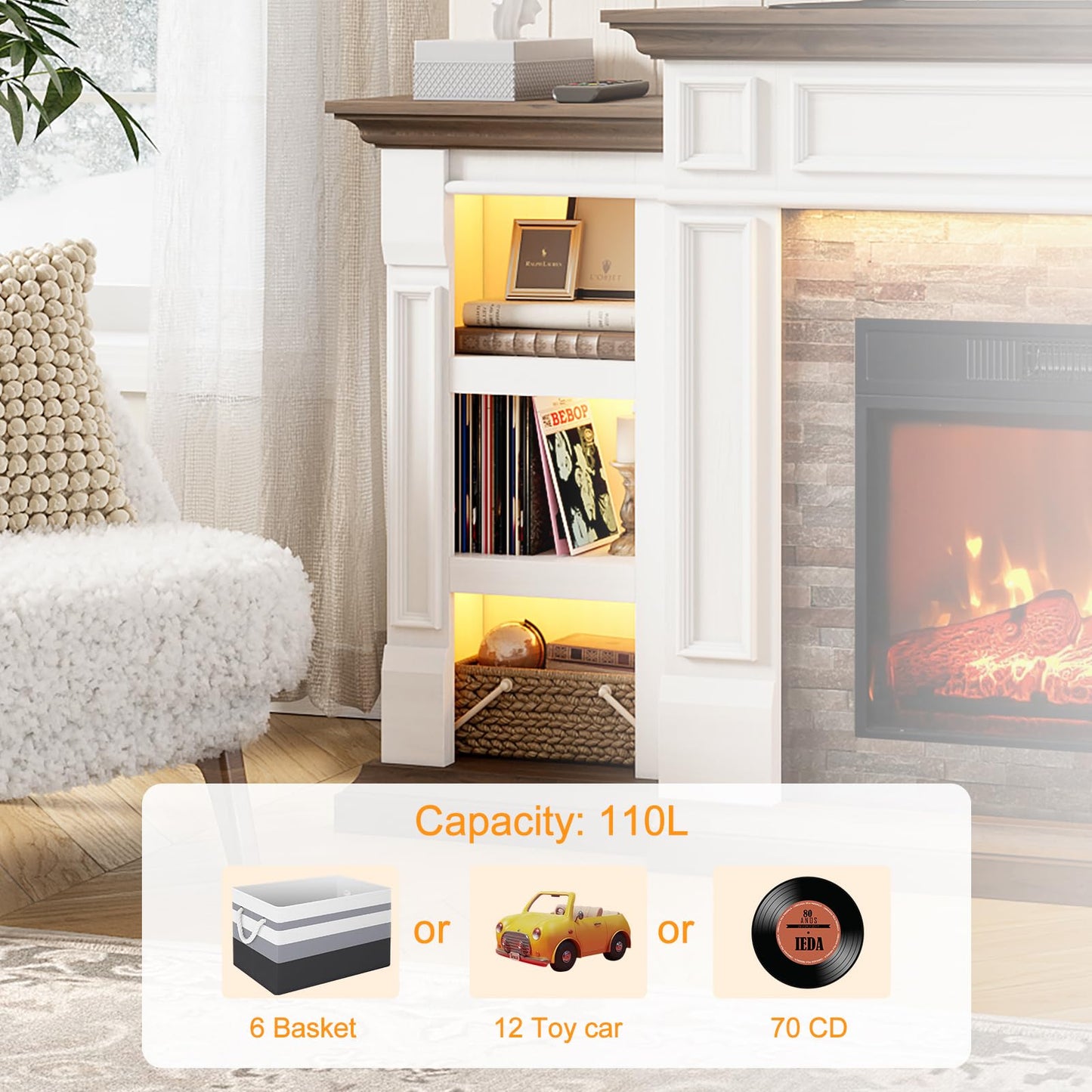 Naice 72" Electric Fireplace with Mantel and Cabinets, LED Light Fireplace TV Stand for TVs up to 80", 3D Realistic Flame Heater with Stacked Stone Surround for Living Room