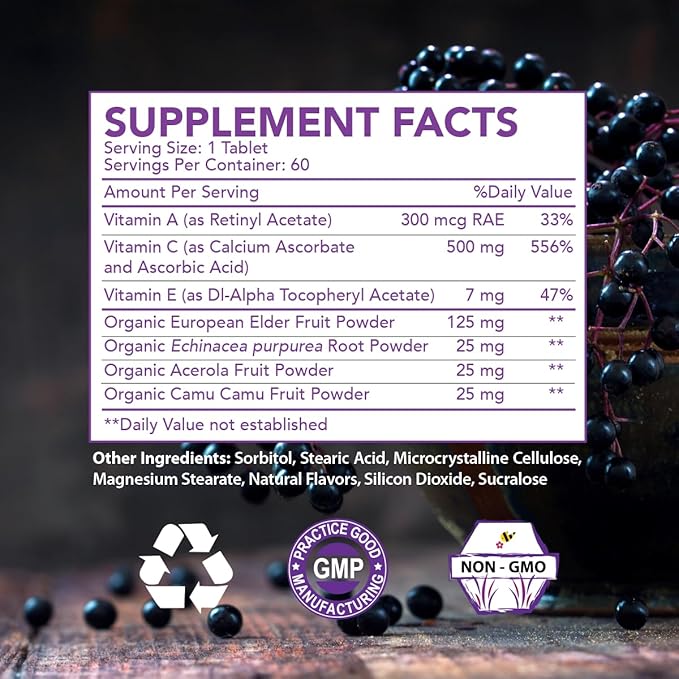 Elderberry Queen Chewable Vitamin C 500mg - Immune Boost & Antioxidant Support Tablets with Vitamin A, E & Organic Echinacea, Elder Fruit, Acerola - Natural Dietary Supplement, 60 Count