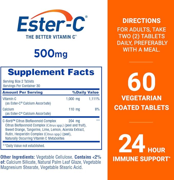 Ester-C Vitamin C, 500mg Tablets, 60-Count, Unflavored (Packaging May Vary)