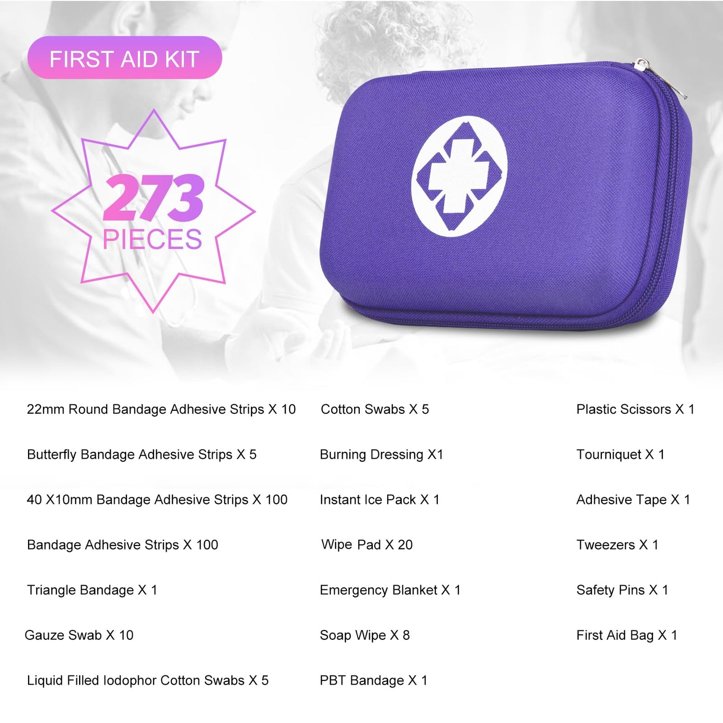 Car-Home Survival First-Aid Kit Emergency-Kit - Purple 273Piece Equipment Travel Supplies First Aid Set Home Essentials Camping Hiking YIDERBO