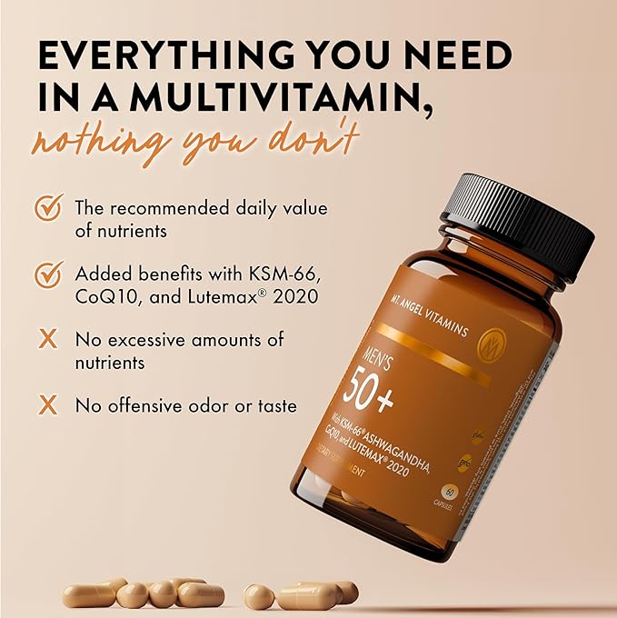 Mt. Angel Vitamins - Daily Mens Multivitamin 50+ Adult Formula with Iron, Calcium, KSM-66 Ashwaganda, and a Potent Proprietary Herbal Blend of The Best Mens Vitamins - 60 Count Capsules