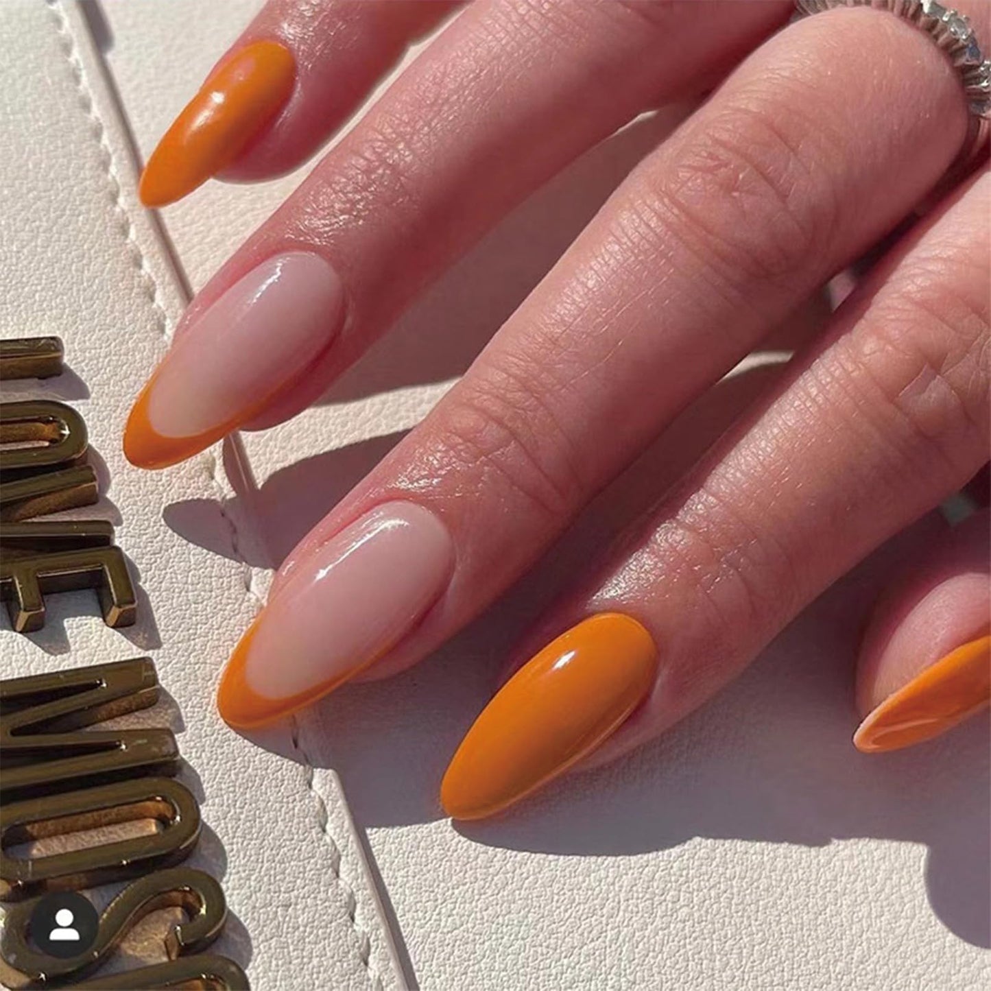 Orange Press on Nails Medium Almond Fake Nails with Design Orange French Tip False Nails Press ons Acrylic Glossy Full Cover Glue on Nails Cute Artificial Stick on Nails for Women Manicure 24Pcs