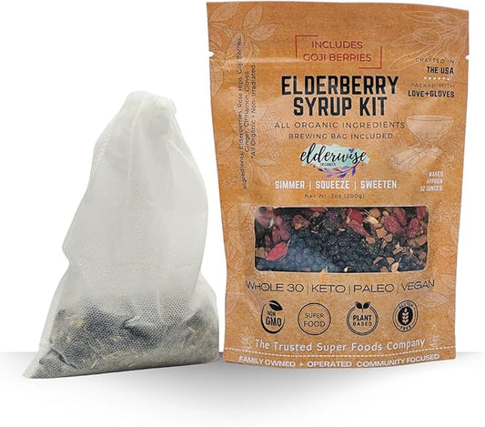 Elderwise Organics Elderberry Syrup Kit (Goji Blend) Ningxia Berry - Brew Bag Included - Organic Elderberries - Rosehips - Ginger - Wolfberry - Cinnamon - Cloves