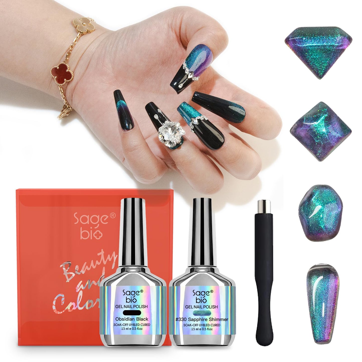 SAGEBIO 9D Cat Eye Gel Nail Polish Set, 15ml Black Gel + 15ml Sapphire Shimmer Cat Eye Gel, Includes Silicone Handle Cylinder Magnetic Stick for Mesmerizing 9D Effects