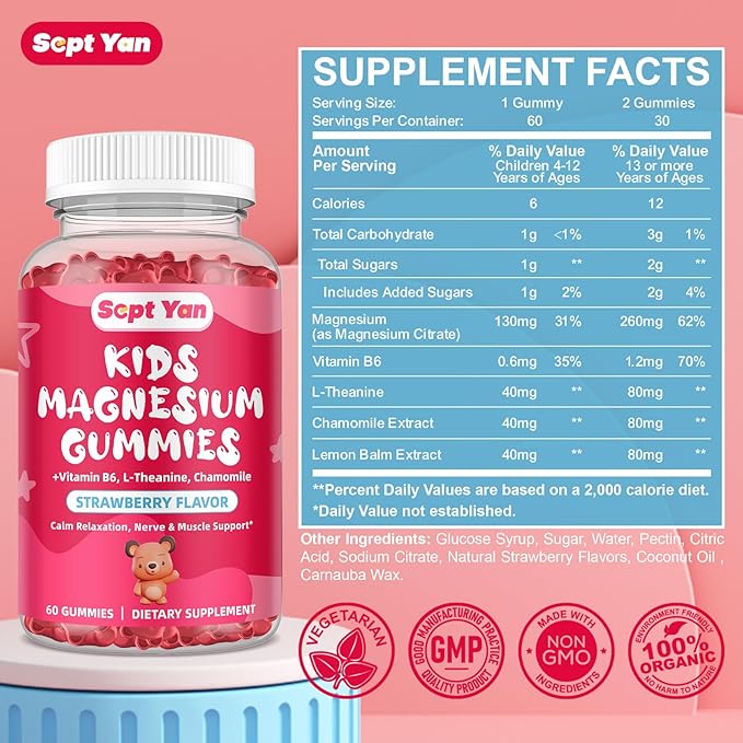 (2 Pack) Magnesium Gummies for Kids - Magnesium Citrate Supplement with Vitamin B6, L-theanine, Chamomile & Lemon Balm - Calm Magnesium for Kids & Adults Sleep, Relaxation - Strawberry,120 Gummies