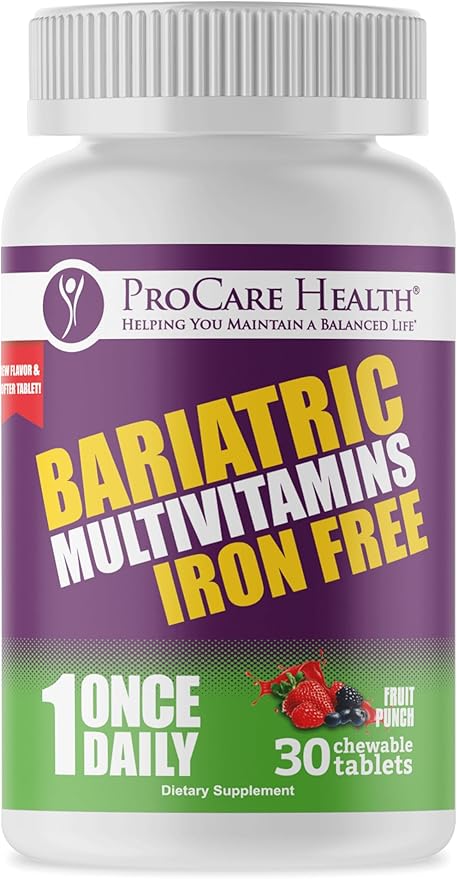 ProCare Health Chewable Bariatric Multivitamin Without Iron (30 Tablets) - Fruit Punch Flavor Once Daily Bariatric Multivitamin with Iron Free for Gastric Bypass and Sleeve Patients (01 Month Supply)