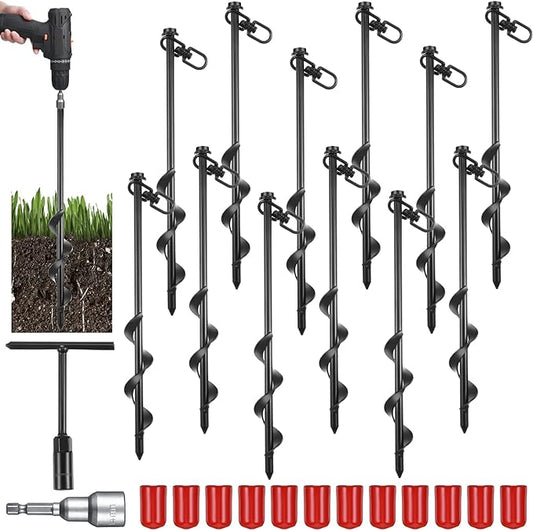 Reginary 12 Inch Tent Stakes Heavy Duty Screw in Ground Anchors High Wind Camping Stakes for Trampoline Canopy Carport Sheds Anchor Beach Sand Stakes Metal Swing Set(Black,12 Pcs)