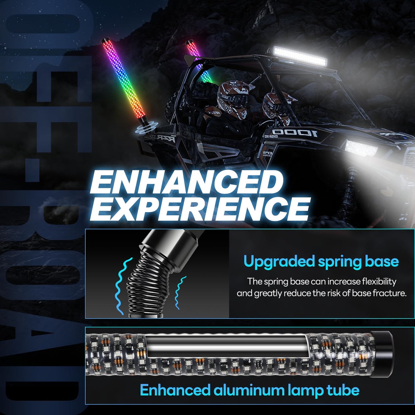 Elesovu 2PCS 3FT Fat LED Lights with Spring Base, RGB Chasing Lighted Antenna Whips with App & Remote Control, Music Lights for UTV ATV Can-Am Truck