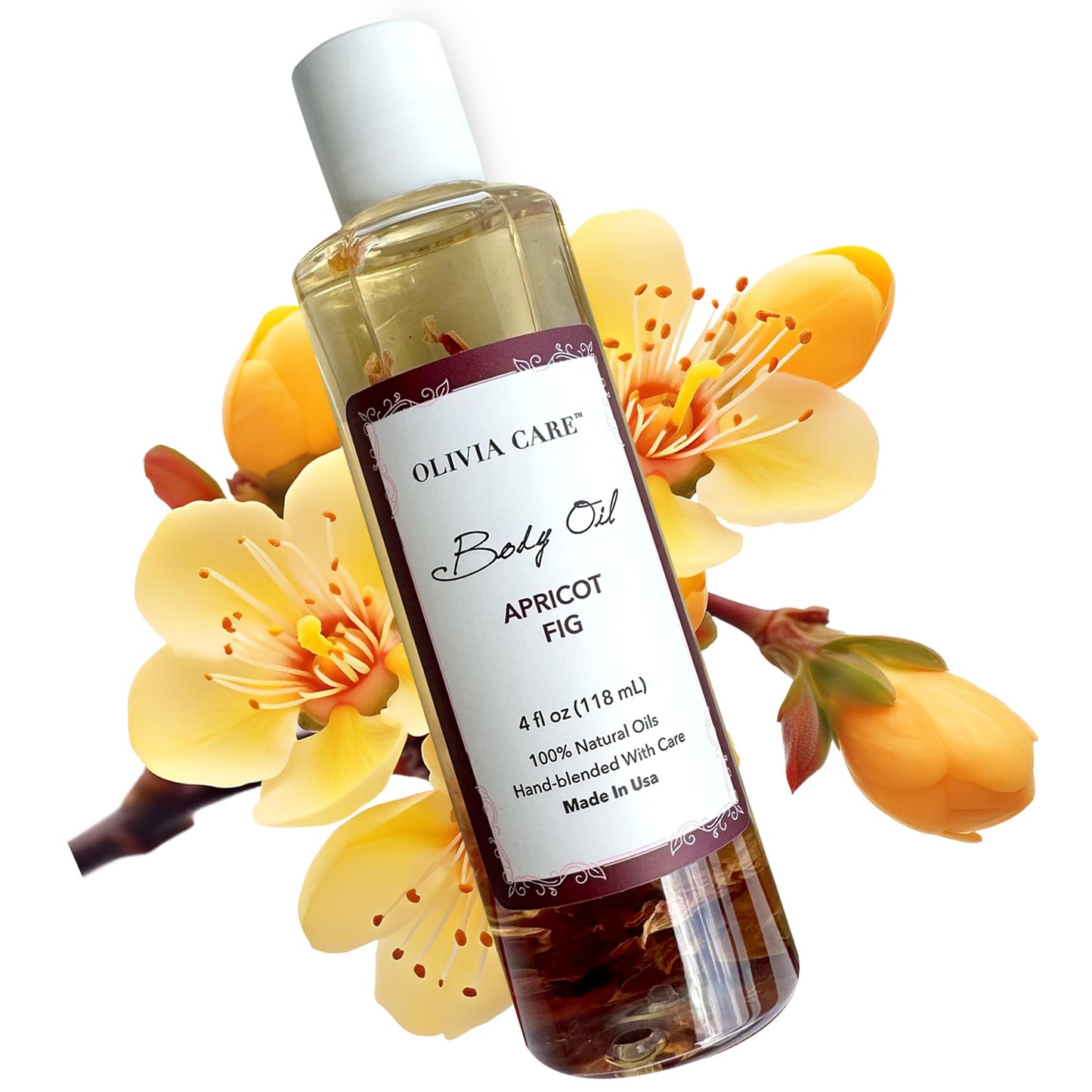 Olivia Care Body Oil Apricot Fig Vegan & Natural Moisturizing - Infused With Vitamin E, K & Omega Fatty Acids - Refreshing Fragr