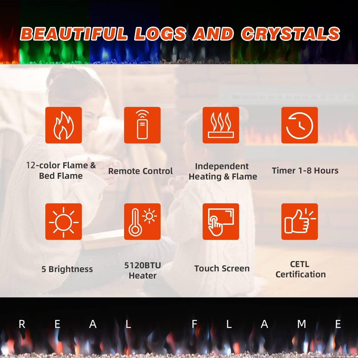 EROMMY 40 in Electric Fireplace Insert, Recessed and Wall Mounted Fireplace with Timer, Remote Control, Touch Screen, Overheating Protection, Log&Crystal, 12 Adjustable Flame,750/1500W