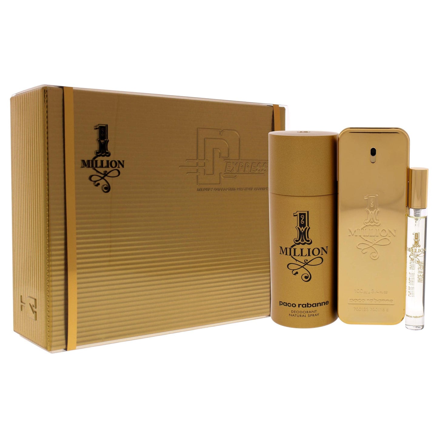 Paco Rabanne 1 Million Men 3.4Oz Edt Spray, 0.34Oz Edt Spray, 5.1Oz Deodrant Spray 3 Pc Gift Set
