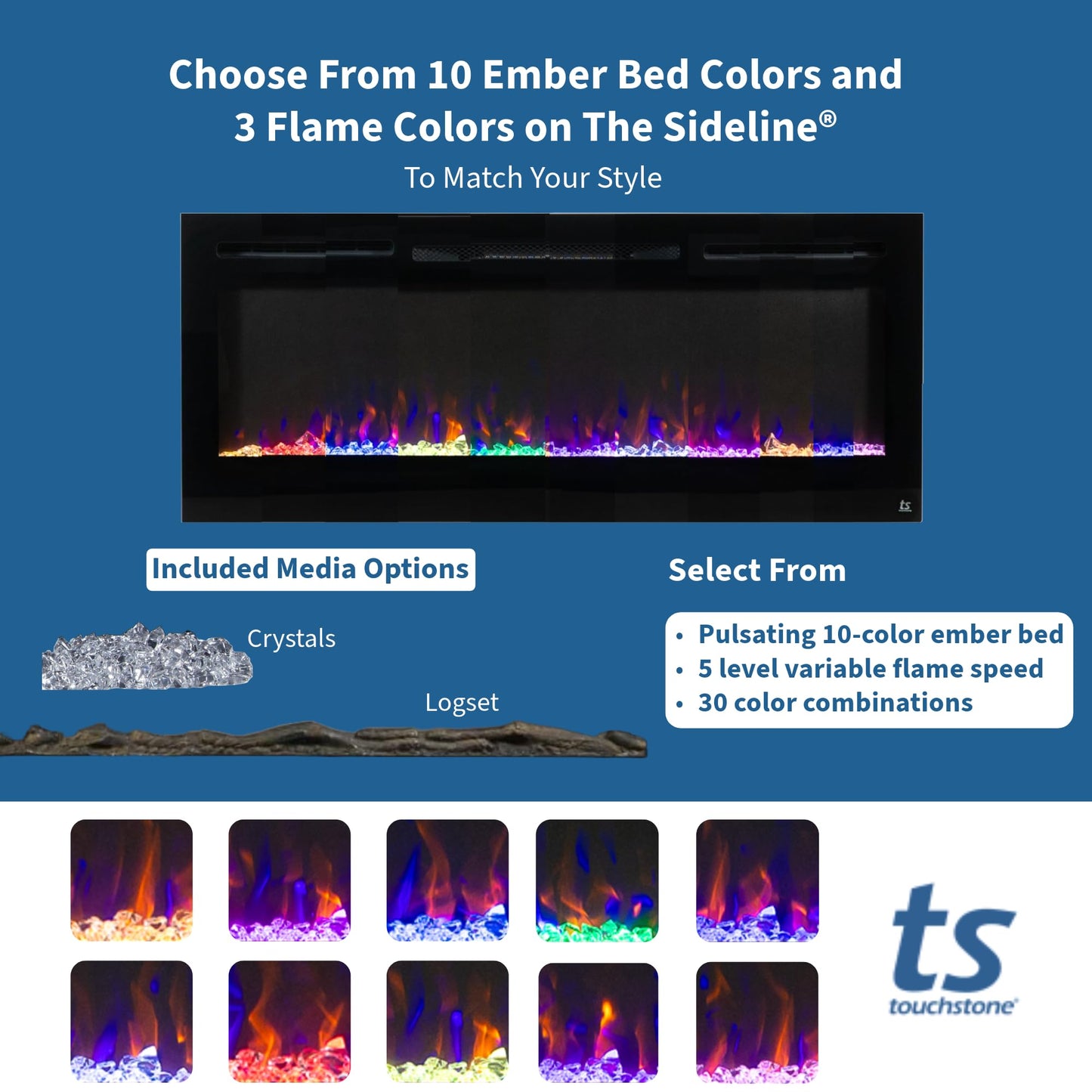 Touchstone Smart Electric Fireplace-The Sideline 72" Wide-in Wall Recessed - 30 Realistic Ember Color/Flame Options - 1,500W Heater w/Thermostat - Log & Crystal Hearth Options - Alexa/WiFi Enabled