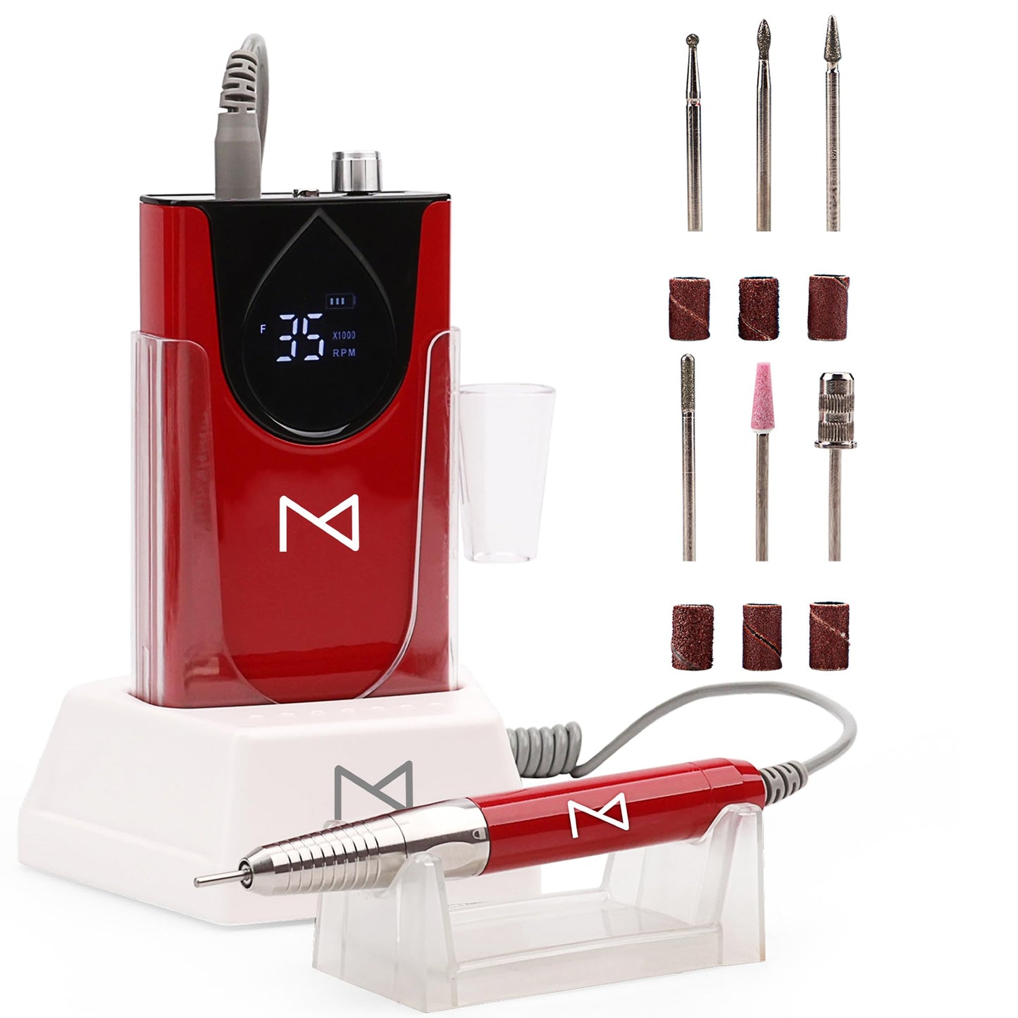 M Max - Nail Drill Professional - 2-in-1 Brushless Motor Nails Drill Machine - Electric, Cordless, Aluminium Alloy Casing, 35000 RPM, HD Display - Perfect for Salon & Home Use (Red)