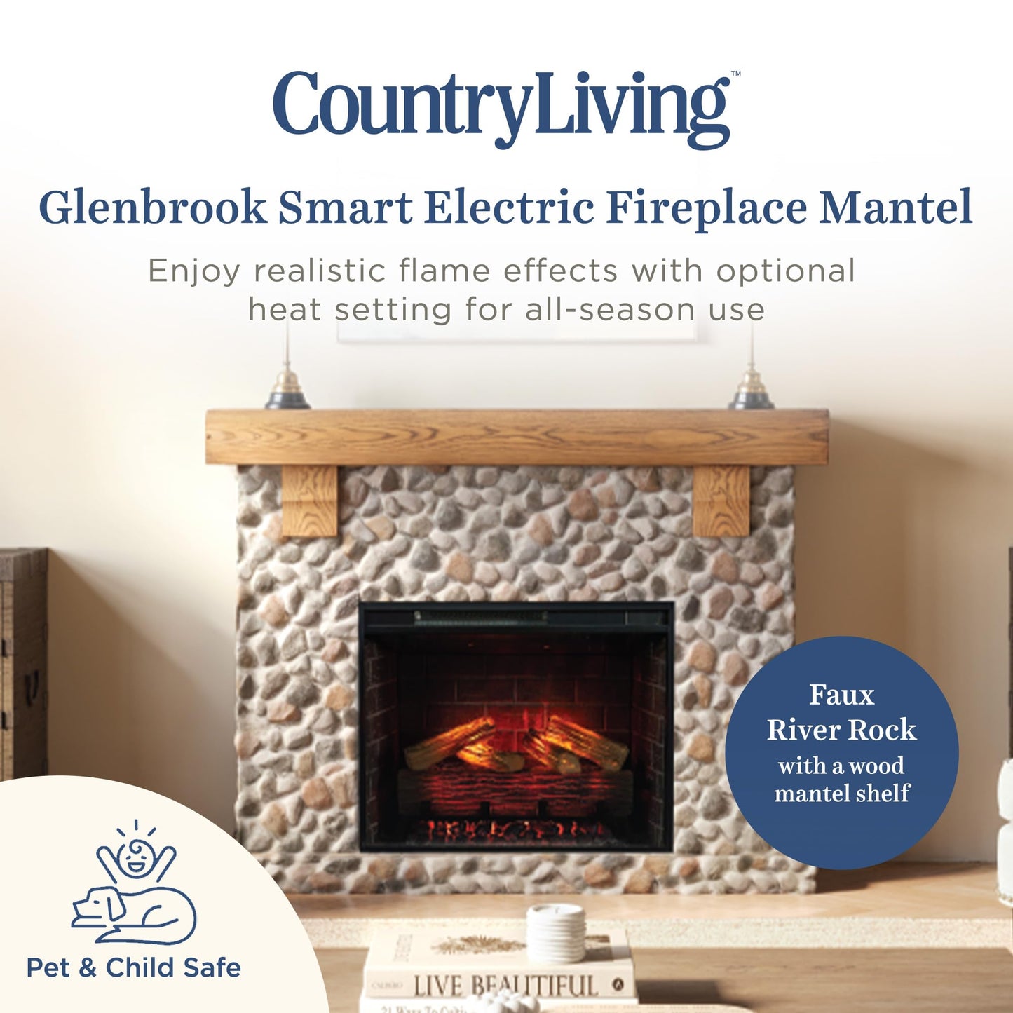Country Living - Glenbrook Fireplace Mantel Package, 28β, Alexa/WiFi Enabled Fireplace Insert, Cast Stone River Rock Surround, 1500W