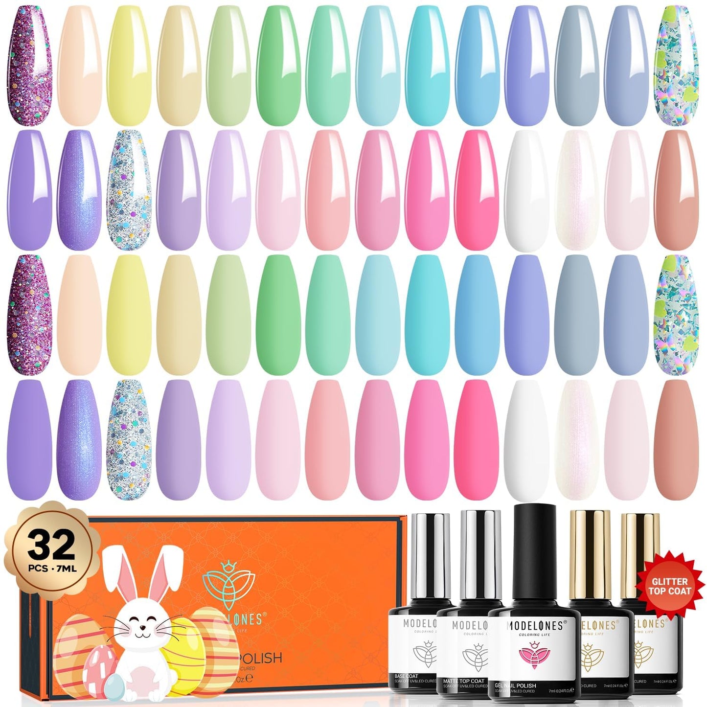 modelones 32 PCS Spring Gel Nail Polish Set, 28 Colors Easter Pastel Gel Polish with No Wipe Base Coat, Glitter & Glossy & Matte Top Coat Maracon Colors Soak Off LED Nail Art Kit