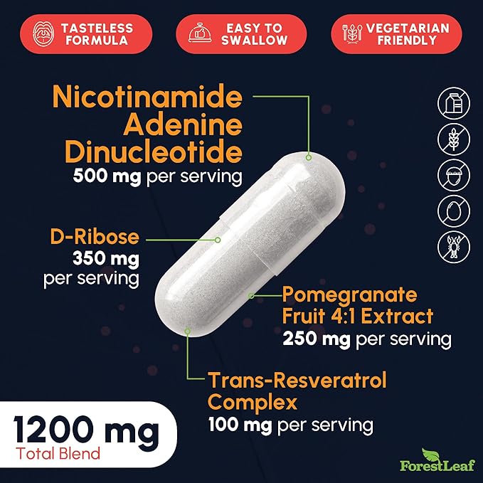 NAD Supplement, Liposomal NAD Resveratrol Supplement for Women & Men 1200mg w/ D-Ribose & Pomegranate NAD+ Plus MaxBoost for Longevity, Anti-Aging, Cellular Energy, NMN Alternative (60 Caps)