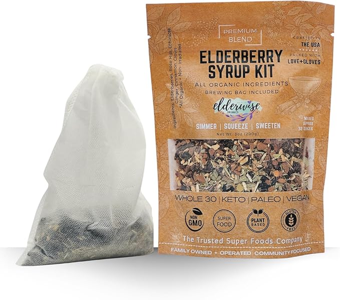 Elderwise Organic Elderberry Syrup Kit - Easy to Use, DIY Elderberry Syrup Making Kit with Elderberries ,Rosehips, Ginger, Echinacea, Cinnamon, and Cloves, Makes 32oz of Syrup, Brewing Bag Included