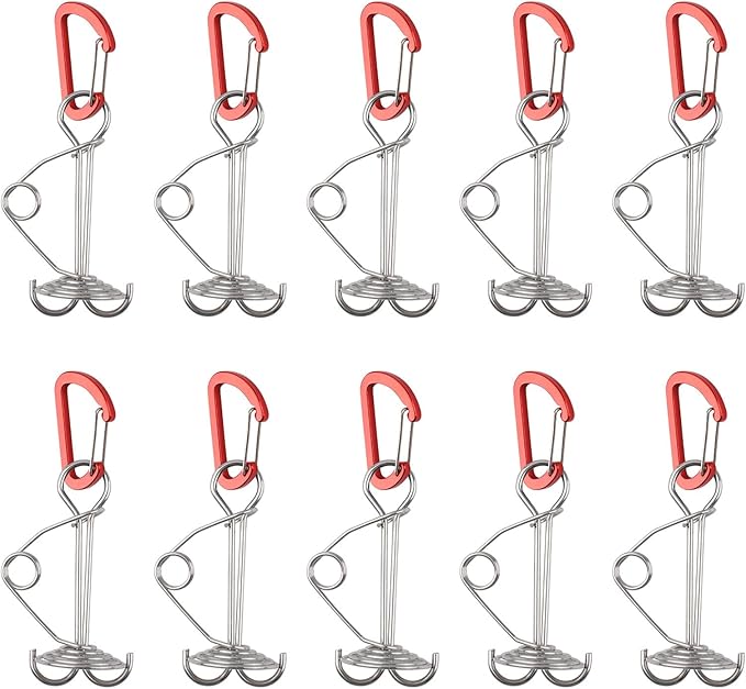 Morobor Deck Anchor Pegs, 10 PCS Windproof Aluminium Alloy Tent Stakes with Spring Red Buckle, Portable Double Ring Ground Anchor Pegs for Camping Hiking Fishing