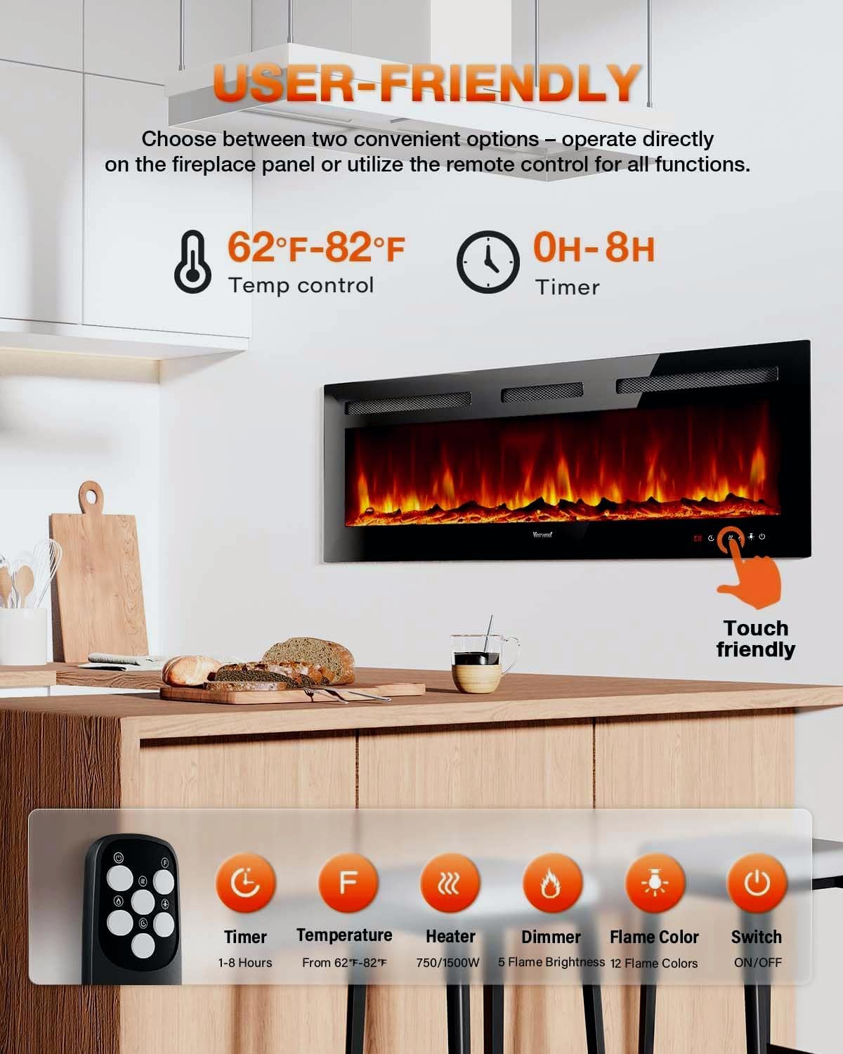 VISVEIL Electric Fireplace 60Inch,Wall Mounted Electric Fireplace Heater with Timer Inserts,TV Stand Touch Screen and Realistic Flame,Log Set,Crystal Flames 750 to 1500W,Remote for Living Room