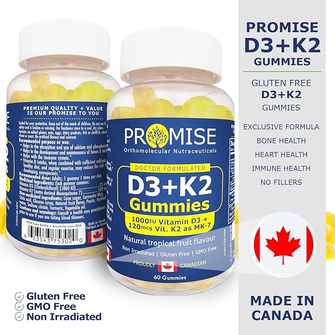 Promise D3+K2 Vitamin Gummy, 1000IU Vitamin D3 + 120mcg VIT K2 as MK-7, Natural Tropical Fruit Flavour, Made in Canada (60 Gummies)