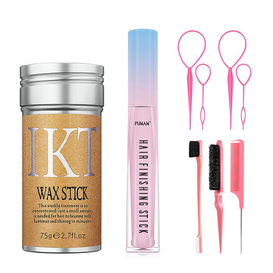 FUNAN 9Pcs hair finishing stick Set with hair finishing stick, hair wax stick, Hair Tail Tools, Hair Comb Kit for Woman Girl Hair Styling, Non-Greasy and Non-Sticky, Edge&Back Brushing(Pink)