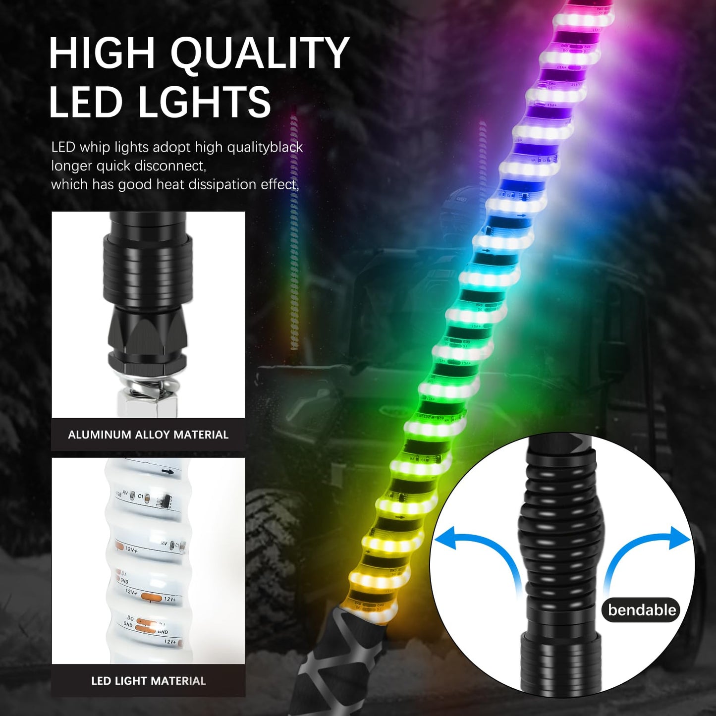 DREAMOTOR Whip Lights, 2Pcs 3FT Spiral RGB LED Whip Lights for Side by Side with Wireless Remote and APP Control, RGB Chasing Lighted Antenna Whips for UTV ATV Truck Polaris Dune Buggy RZR Can-Am