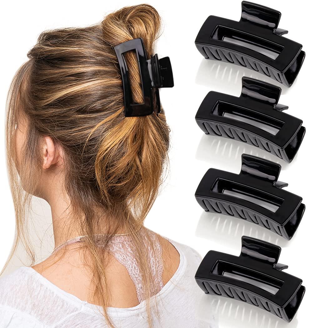 Canitor 4Pcs 3.1 Inch Black Hair Clips Claw Clips For Thin Hair Medium Hair Clips Hair Calw Clips Acrylic Rectangular Hair Clips