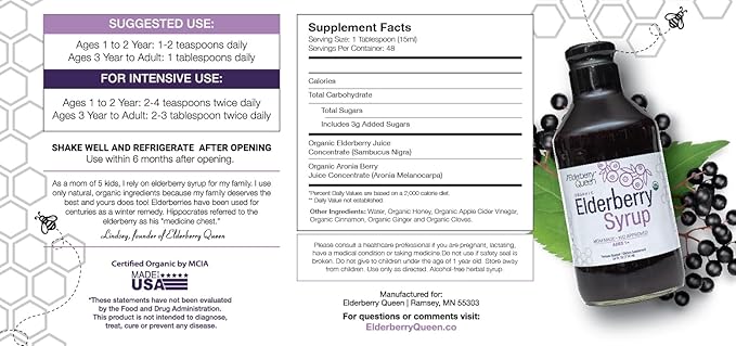 Elderberry Queen Organic Elderberry Syrup 24 Fl Oz - Immune Support Formula with Sambucus Black Elderberry & Aronia Berry - Pure Natural Certified Organic Elderberry Syrup for Kids and Adults