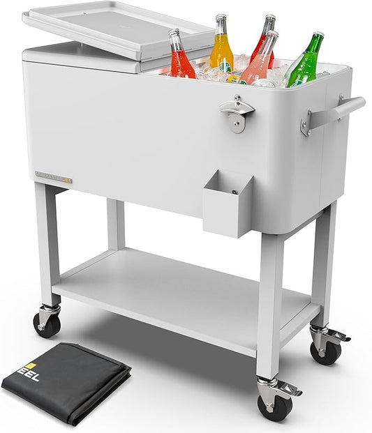 Permasteel Party Cooler with Removable Basin, Spacious 80-Qt Capacity, Rolling Ice Chest for Indoor and Outdoor Entertainment White + Bonus Cover