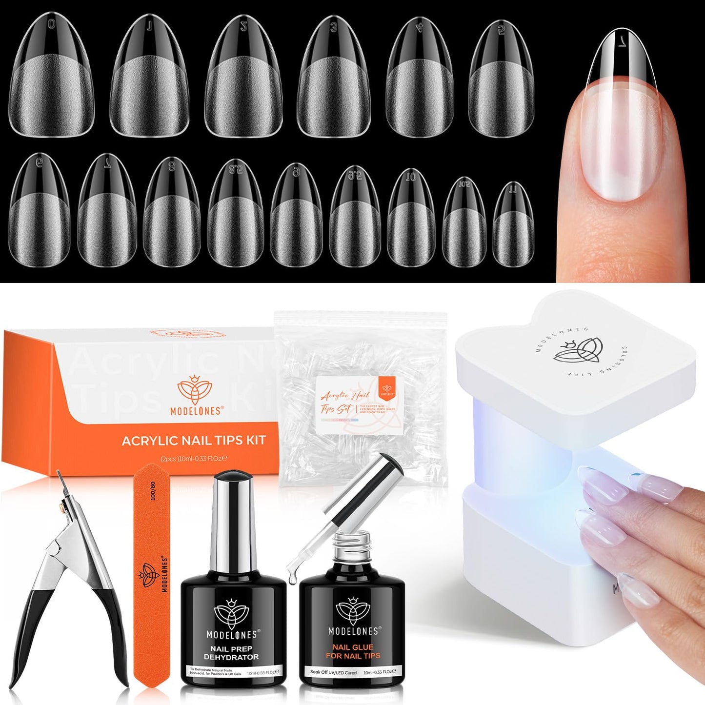 modelones Gel Nail Kit, Upgrade 15Sizes Pre-shaped Gel Nail Tips Short Almond Shape, 9-in-One Glue Prep Dehydrator & Portable Led Lamp, 510Pcs Press On Extension Kit Gift for Women