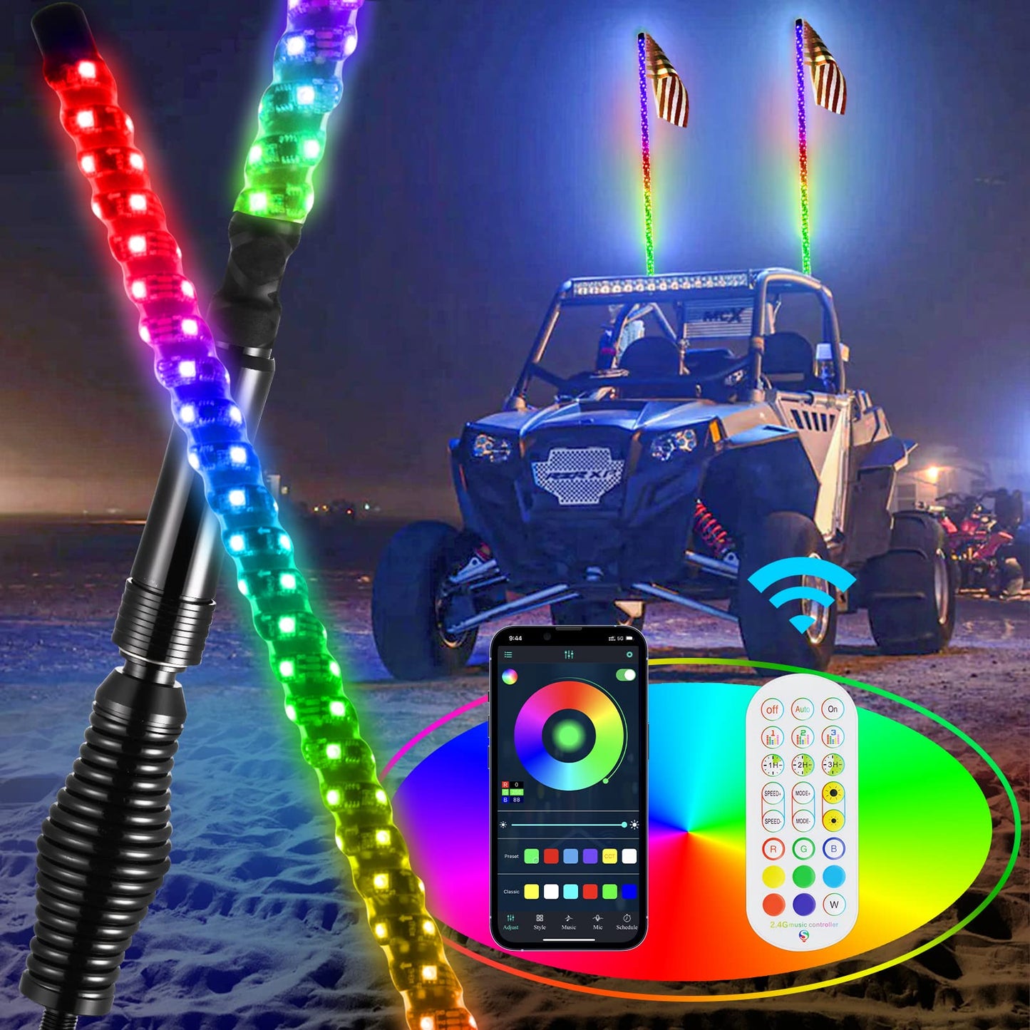Ehaho 2 Pack 5FT Whip Lights with Spring Base,LED Whip Light with App & Remote Control, Spiral RGB Chasing Lighted Whips with Rocker Switch, Music Whip Light for UTV ATV Polaris RZR Can-Am SXS Truck