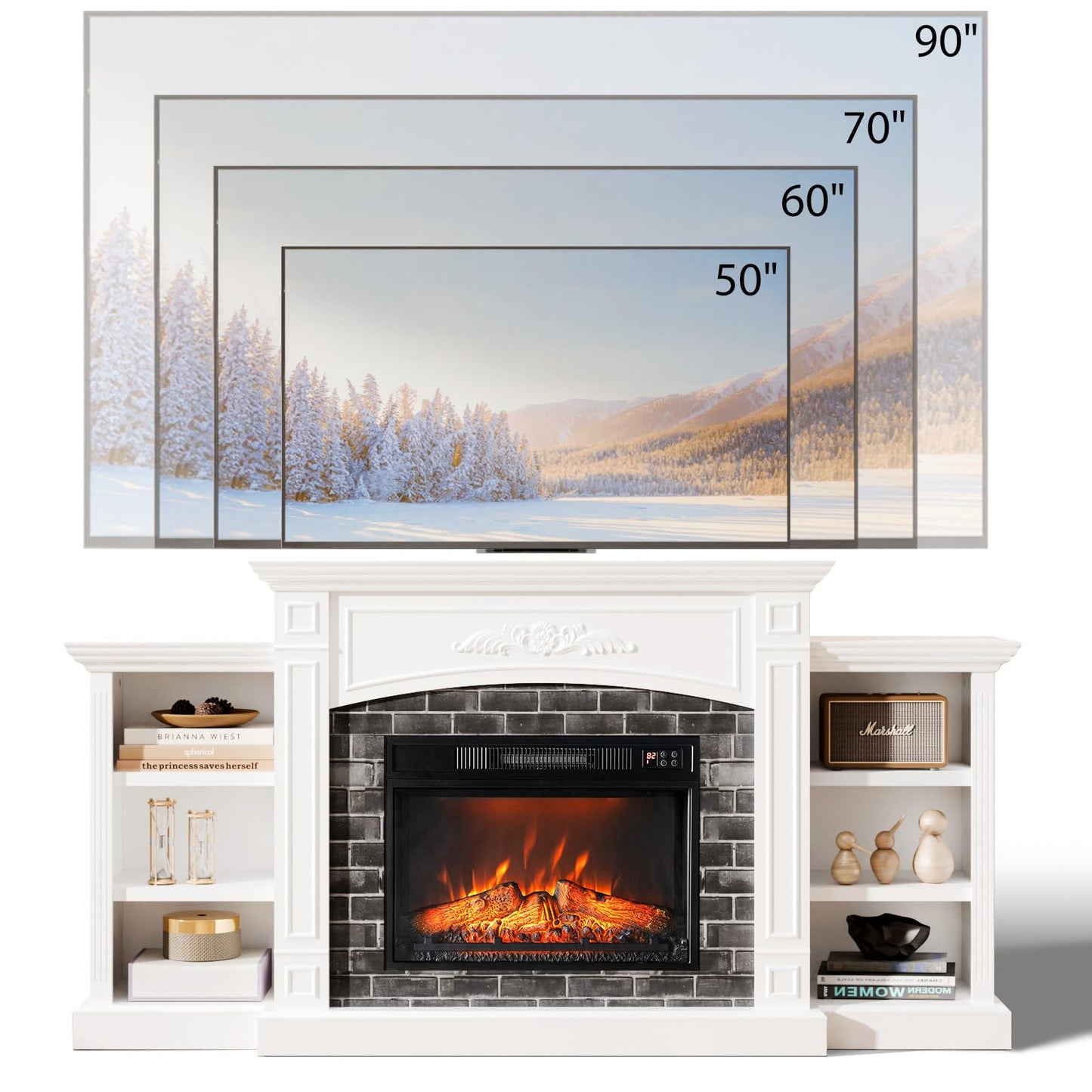 Bonnlo 80'' Fireplace TV Stand for 90'' TVs, Farmhouse Modern Electric Fireplace with Mantel, Media Entertainment Center Console Table with Ample Storage & Adjustable Shelves, White