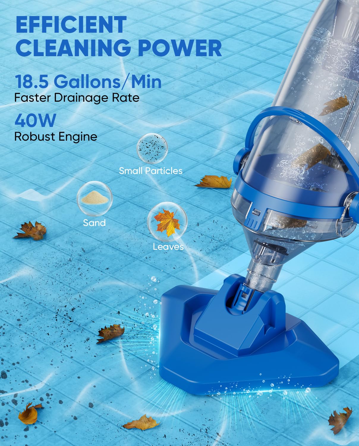 Teguy Cordless Pool Vacuum with Telescopic Pole, 18.5 GPM Powerful Suction, 1.5H Supercharge Technology, Handheld Rechargeable Pool Vacuum Cleaner for Above Ground/Inground Pools, Hot Tubs, Spas
