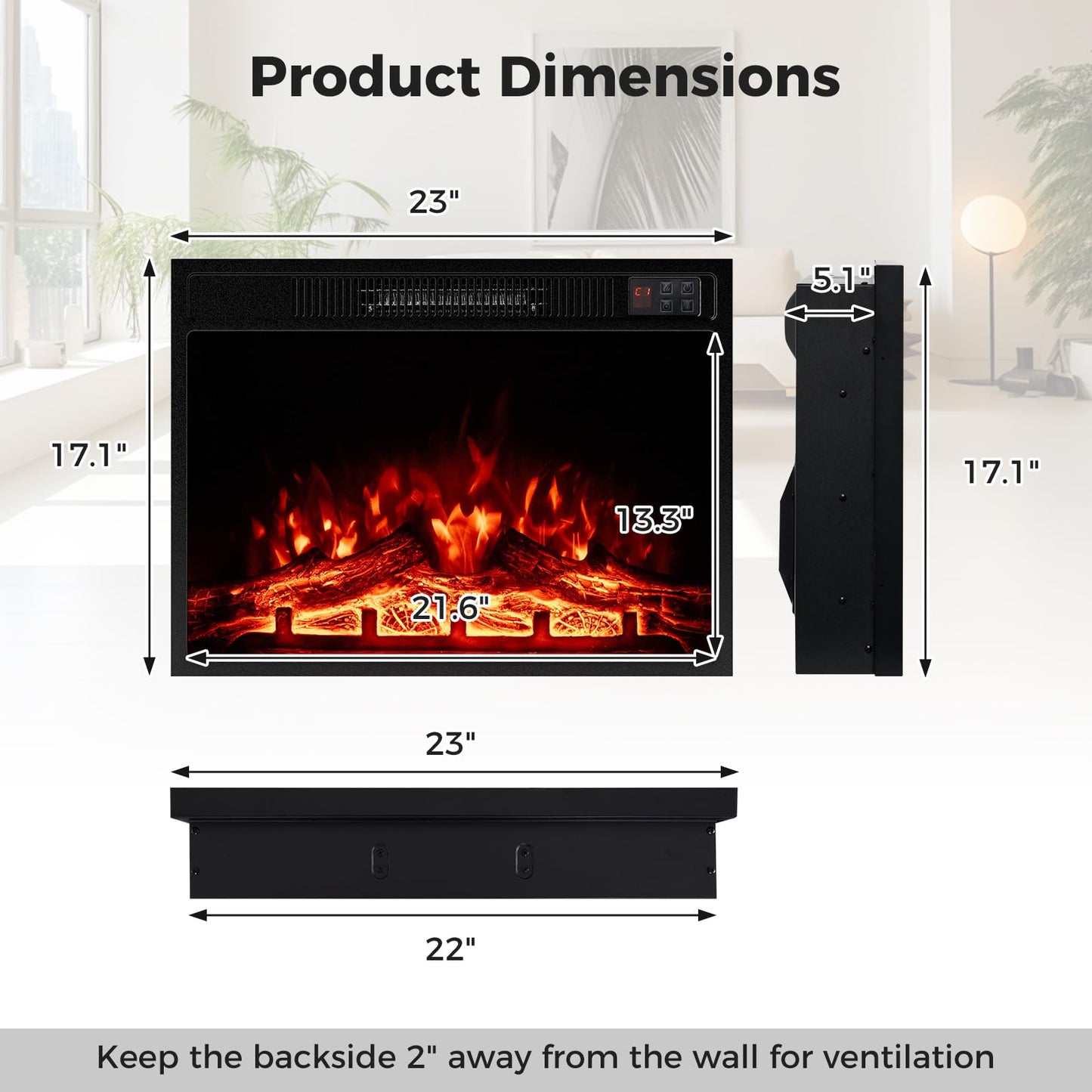 Tangkula 23" Electric Fireplace, 5,000 BTU Fireplace Insert with Remote Control, 3 Flame Colors & Brightness Levels, Recessed Fireplace Heater with 1-8H Timer, Thermostat & Overheat Protection