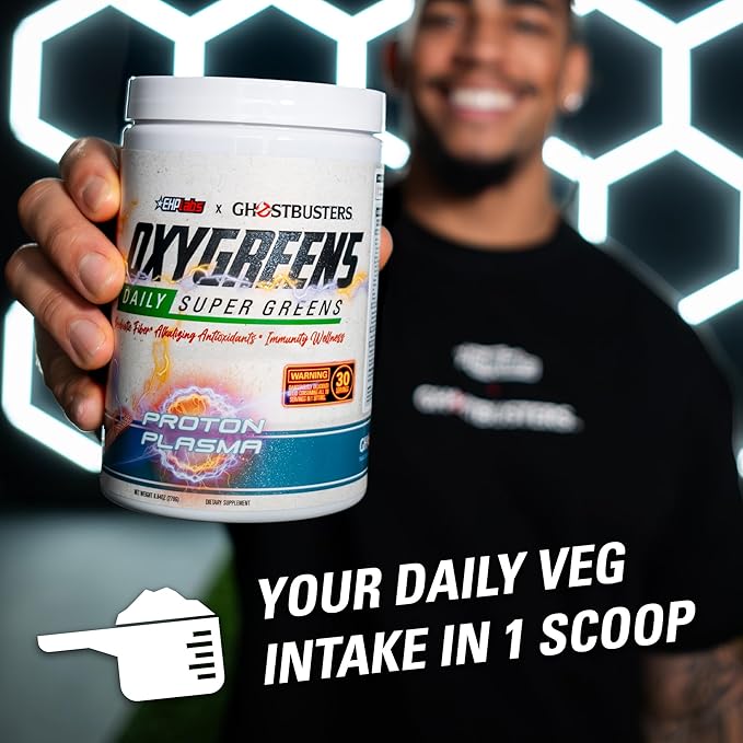 EHP Labs x Ghostbusters OxyGreens Super Greens Powder - Spirulina & Chlorella Superfood, Green Juice Powder with Prebiotic Fibre, Antioxidants & Immunity Support, 30 Serves (Proton Plasma)